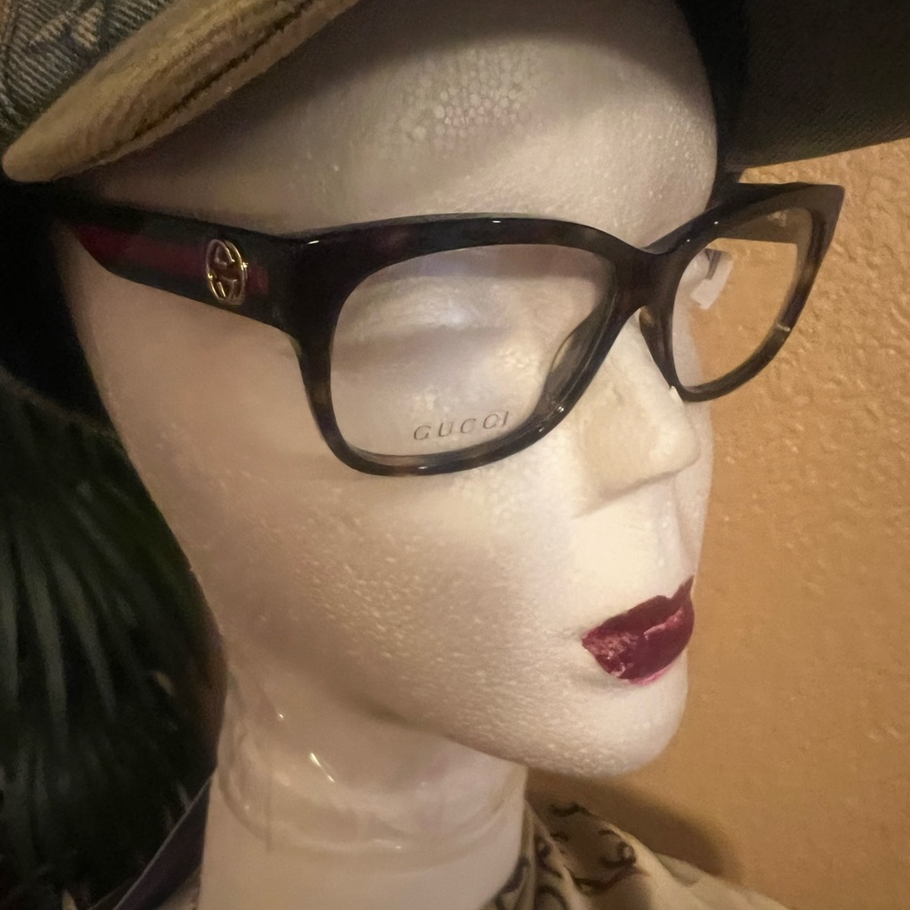 Gucci Women's Dark Tortoiseshell Glasses with Gold Logo Accent